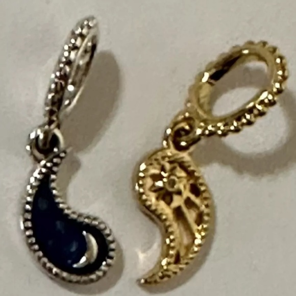 Pandora Two-Tone Splittable Sun & Moon Yin Yang Dangle Charms 14K Gold Blue - Picture 8 of 14